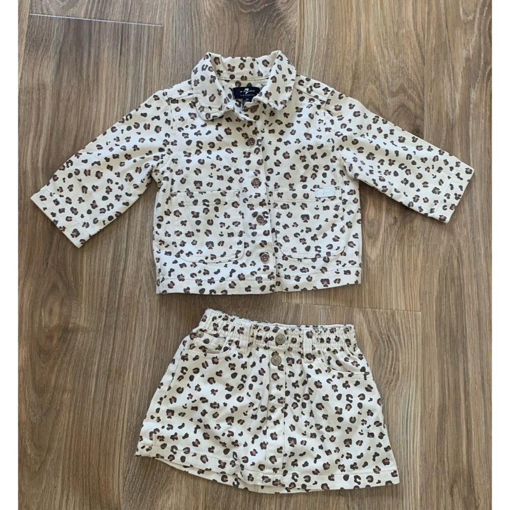 7 For All Mankind Girls 2T Leopard Print Denim Jacket Skirt Set 100% Cotton